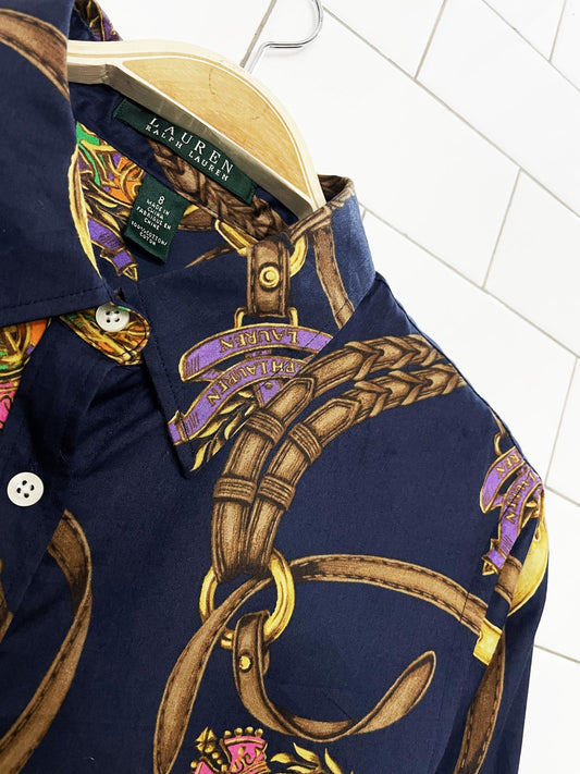 lauren RL peplum hem equestrian print full button shirt | ralph lauren