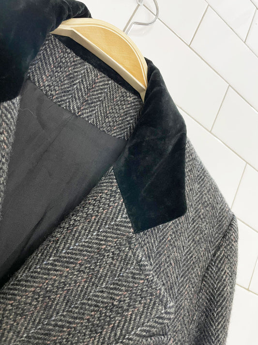 vintage projections 100% wool herringbone tweed + velvet collar double breasted coat | union made in USA