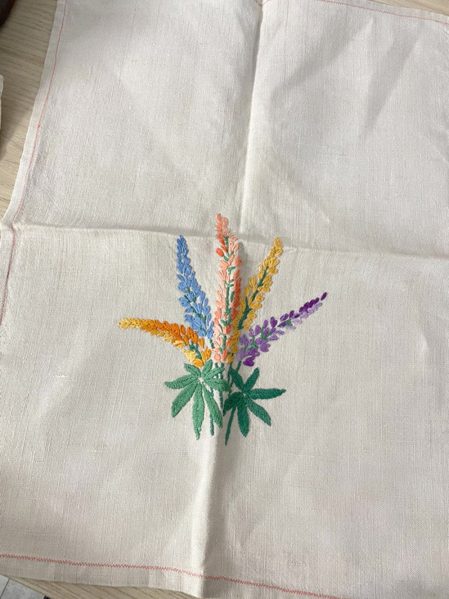 vintage x2 hand - embroidered linen dish towels - good market thrift store