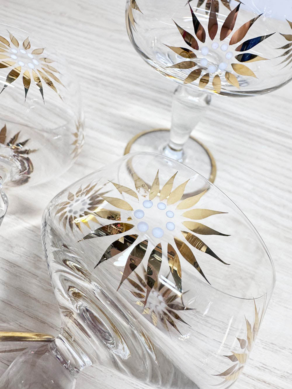 x4 vintage MCM gold sunburst aperatif stemmed glasses | mid-century