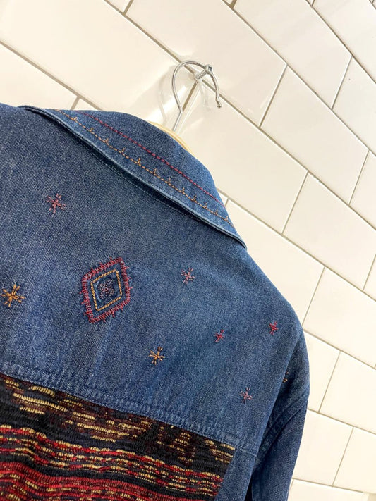 vintage 00s tanjay southwestern tapestry patchwork denim jacket - good market thrift store