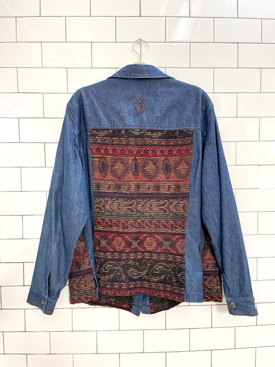 vintage 00s tanjay southwestern tapestry patchwork denim jacket - good market thrift store