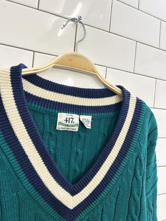 vintage 417 van heusen cable knit v neck tennis prep sweater - good market thrift store