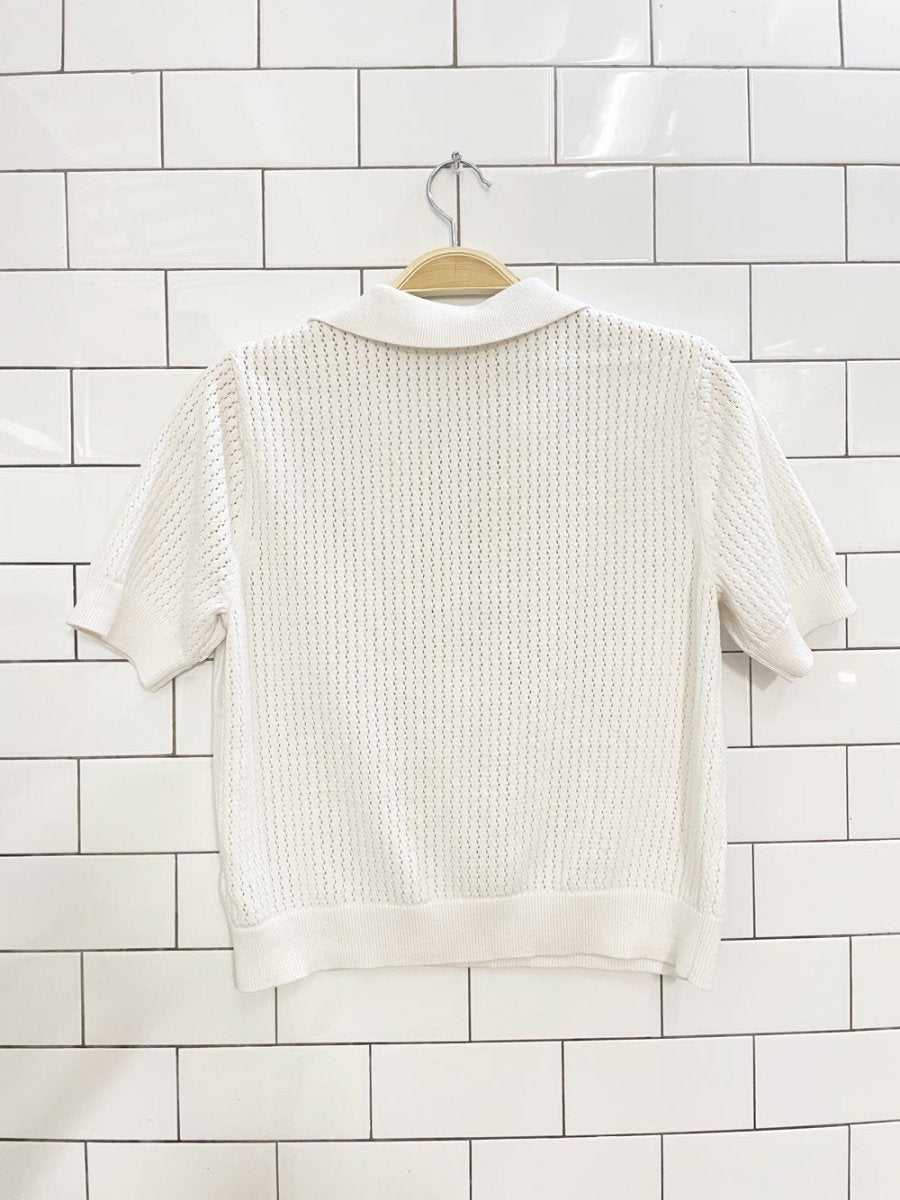 white pointelle knit short sleeve polo - good market thrift store