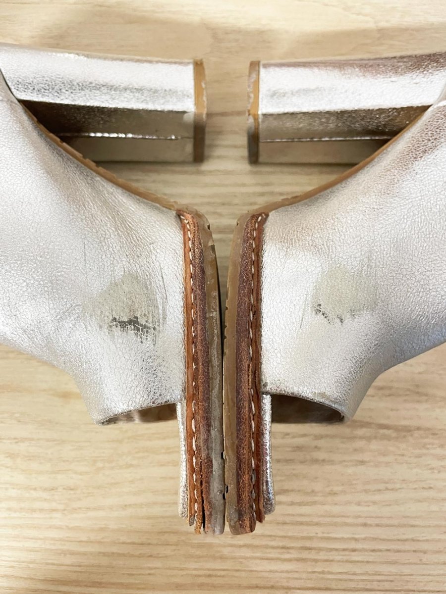 rudsak metallic silver leather open toe heeled mules - good market thrift store