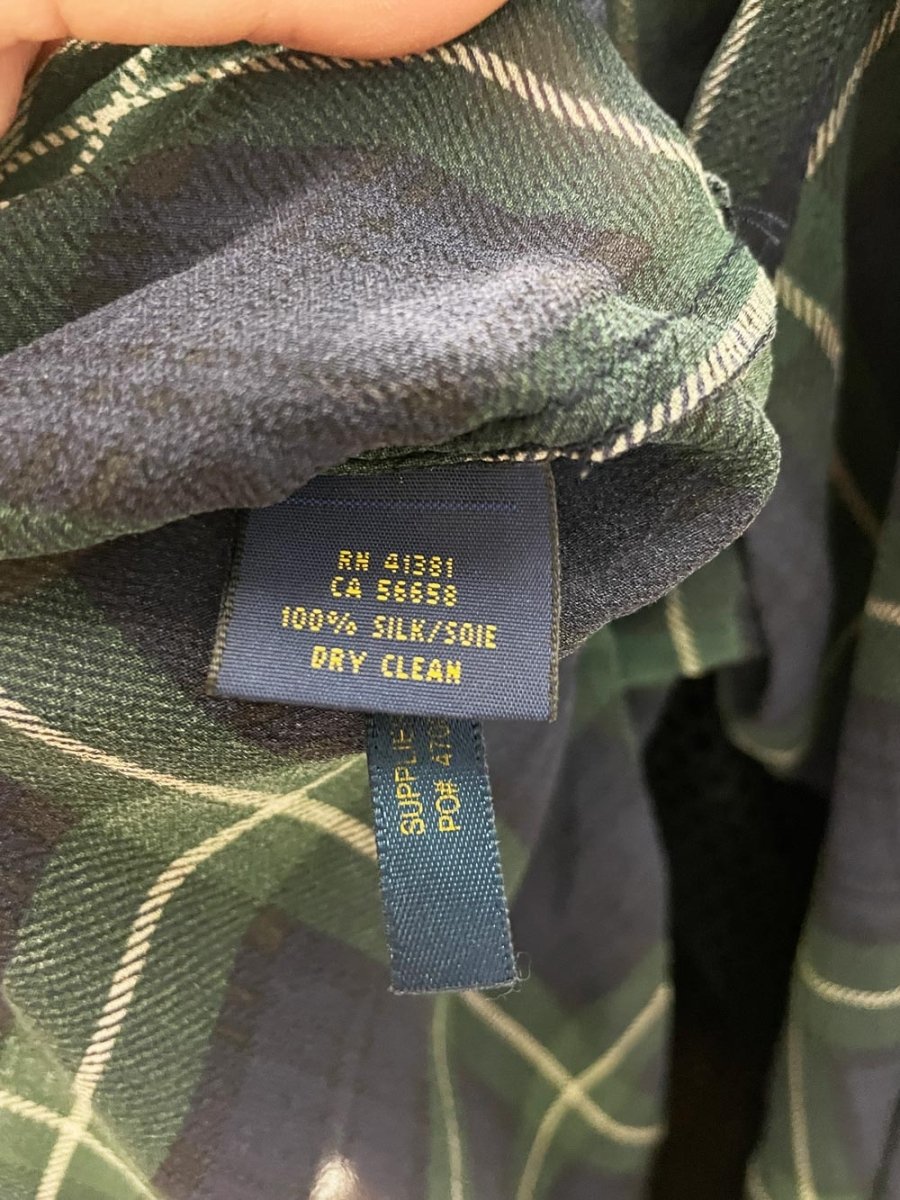 polo ralph lauren 100% silk chiffon plaid tuxedo ruffle blouse - good market thrift store