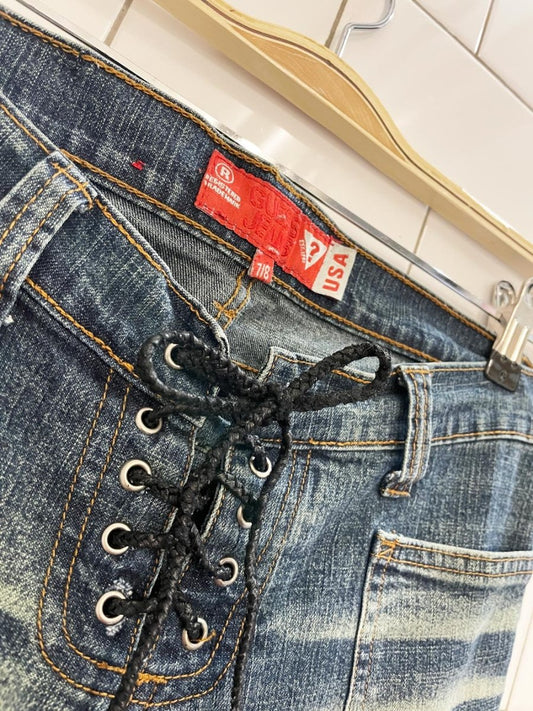 y2k guess low rise leather lace up flare leg jeans - good market thrift store
