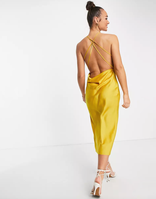 asos one shoulder golden satin midi dress