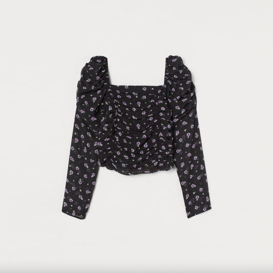 h&m puff sleeve ruched sheer floral top