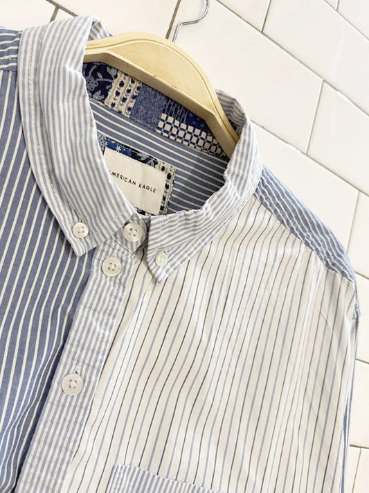 AE boxy cropped full button blue stripe shirt - good market thrift store