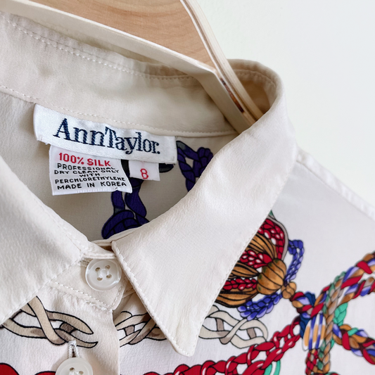 vintage ann taylor chain rope equestrian silk button down - size 8