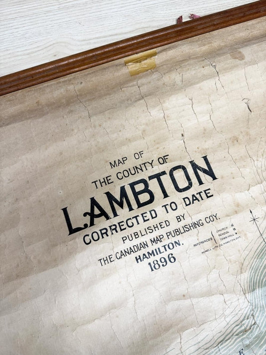 antique 1896 lambton county roll - up map | ontario, lake huron - good market thrift store