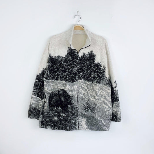 vintage black mountain bear scene fleece jacket
