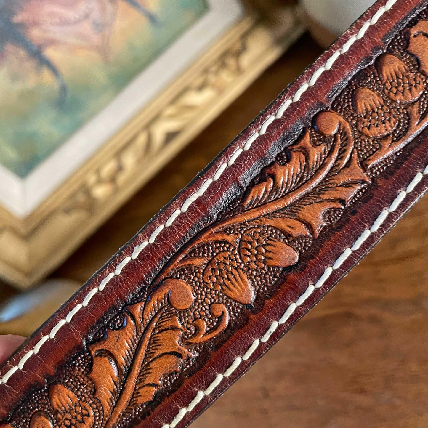 vintage ADM brass horse buckle tooled leather belt - size 34