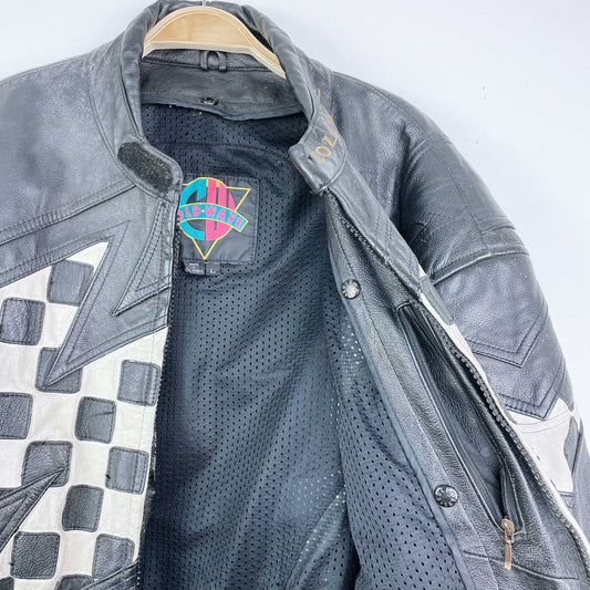 vintage 80s coldwave checkerboard bolt moto jacket