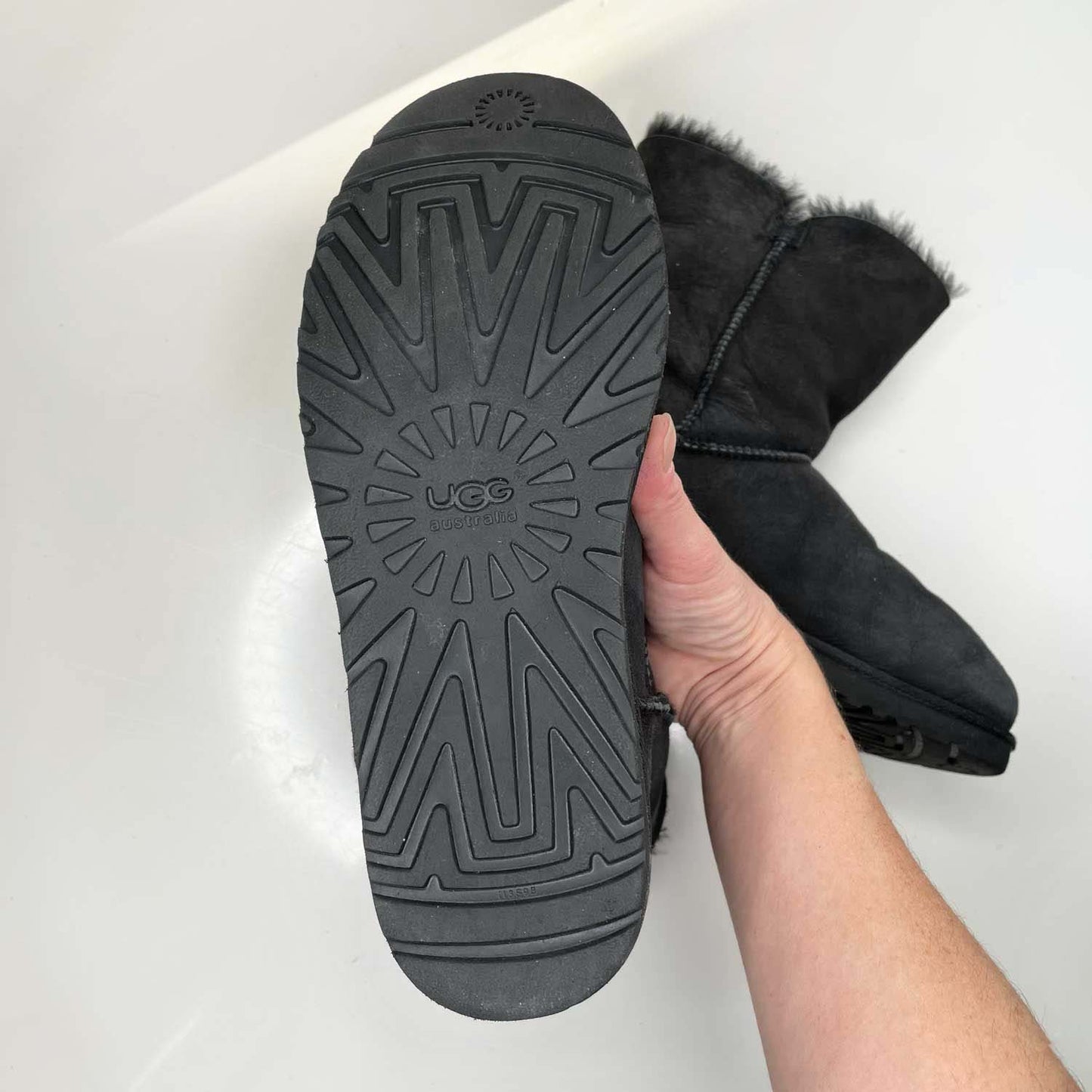 ugg bailey button black sheepskin boots - size 10