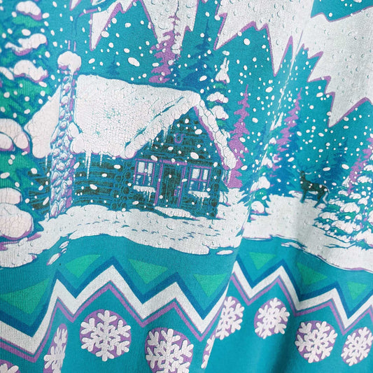 vintage 90s puff graphic winter cottage scene crew - size large