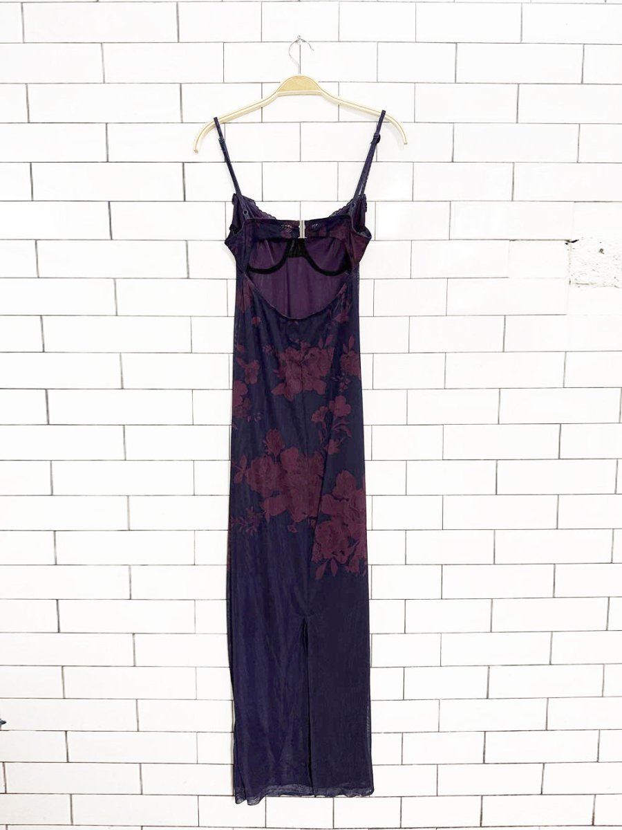 bustier lace trim floral stretch mesh open back maxi dress - good market thrift store