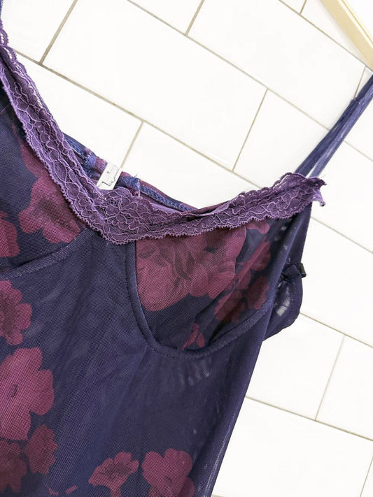 bustier lace trim floral stretch mesh open back maxi dress - good market thrift store