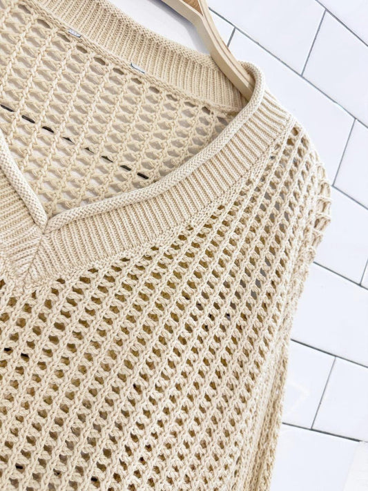butter yellow cotton loose knit v - neck sweater - good market thrift store