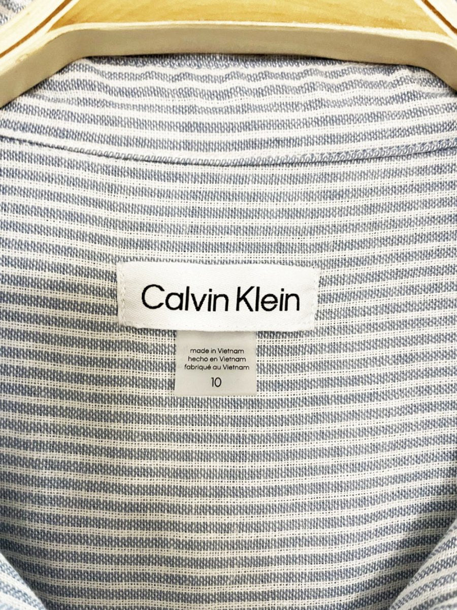 calvin klein blue stripe half button sleeveless tiered midi shirt dress - good market thrift store