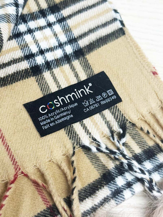 cashmink rabbit fur pom fringe tartan scarf | made in Germany - good market thrift store