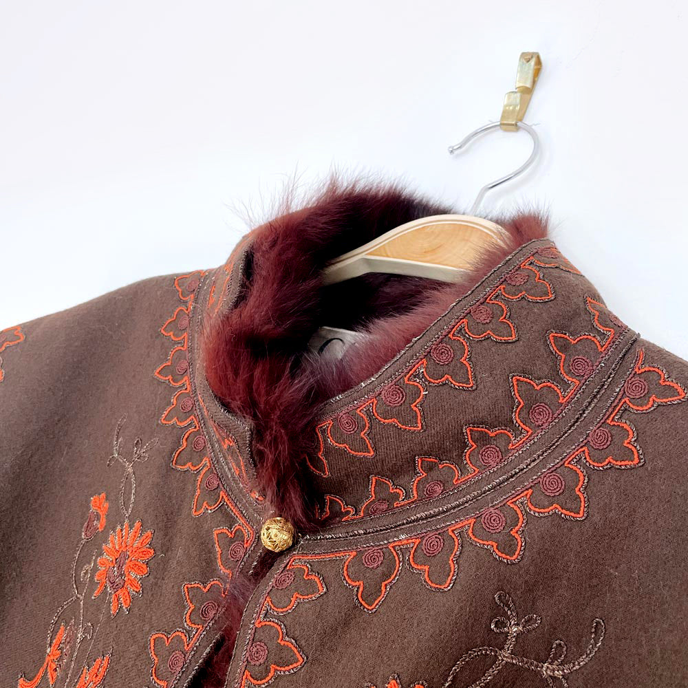 vintage 70s chloé boho wool + fox fur embroidered jacket