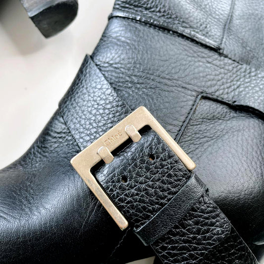 chloe prince mid-calf harness heeled leather boots