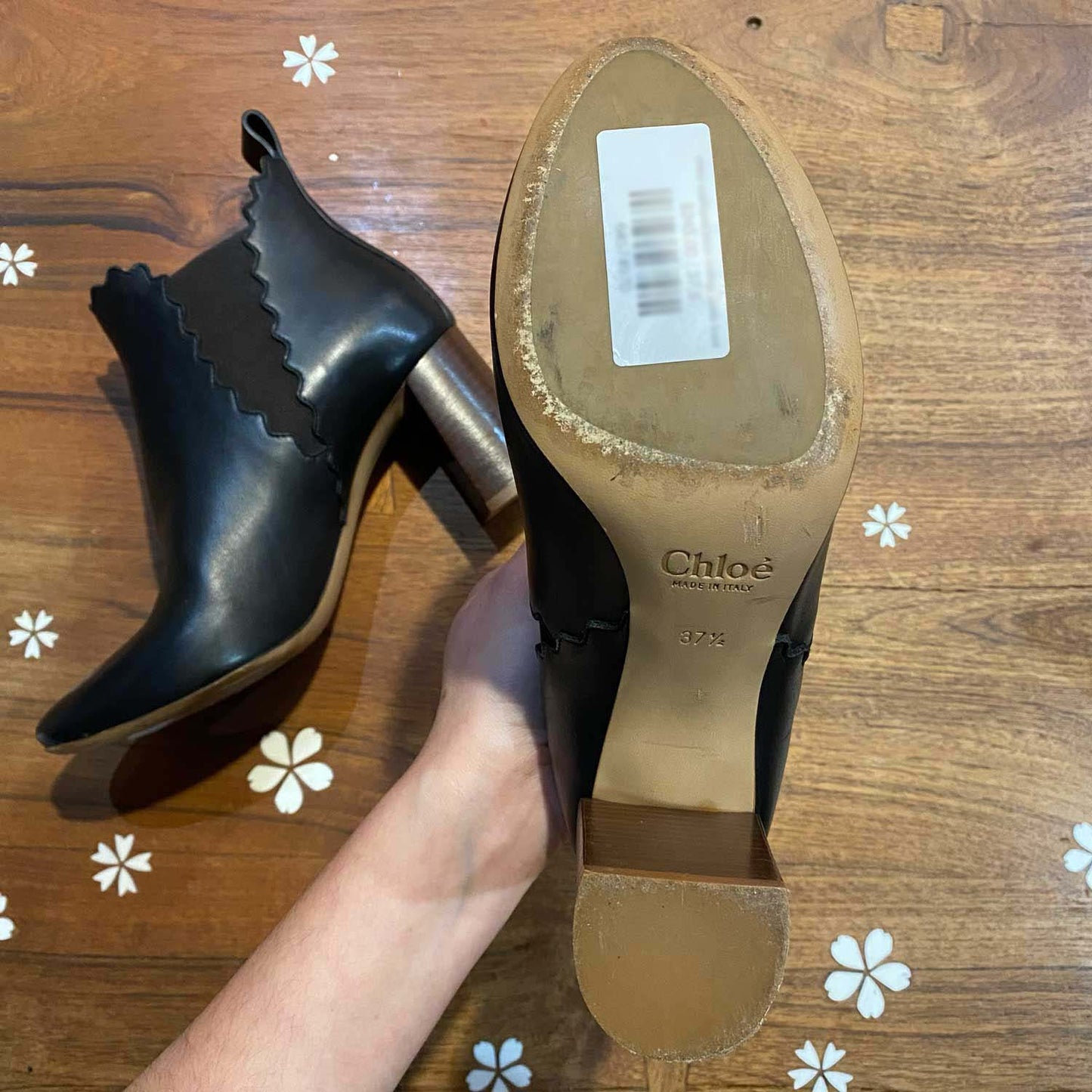 chloe scalloped black leather ankle boot - size 37.5