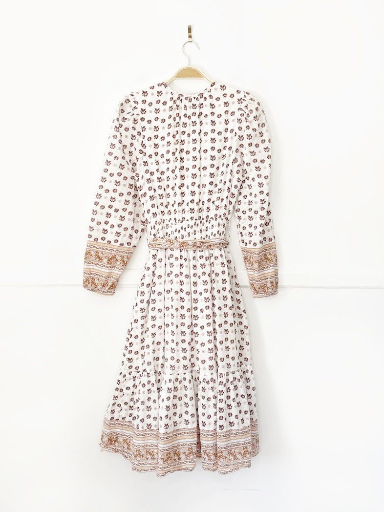 cleobella blakely boho half button tiered belted midi dress - good market thrift store