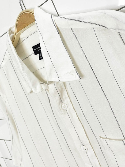club monaco 100% linen pinstripe boxy crop shirt | made in India - good market thrift store
