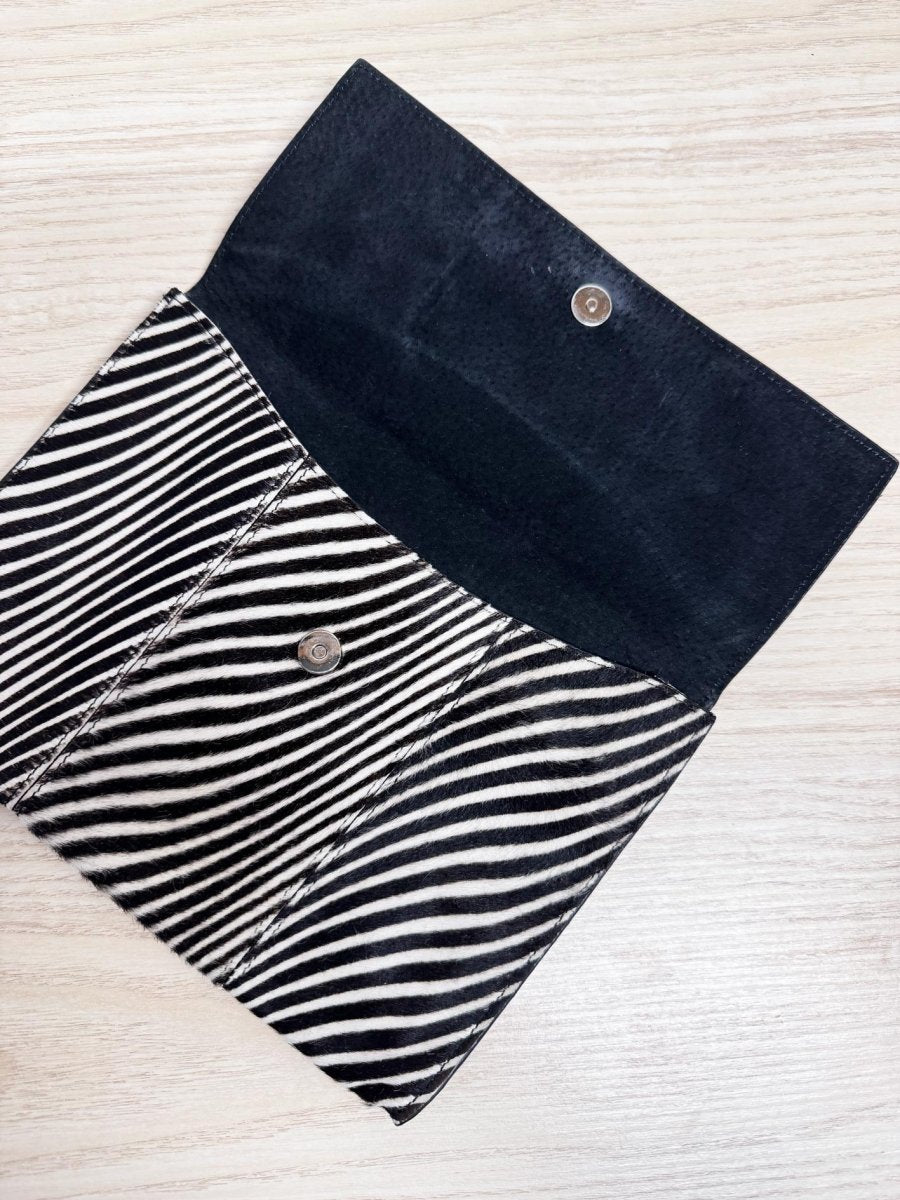 club monaco jessie zebra pony hair leather clutch - good market thrift store