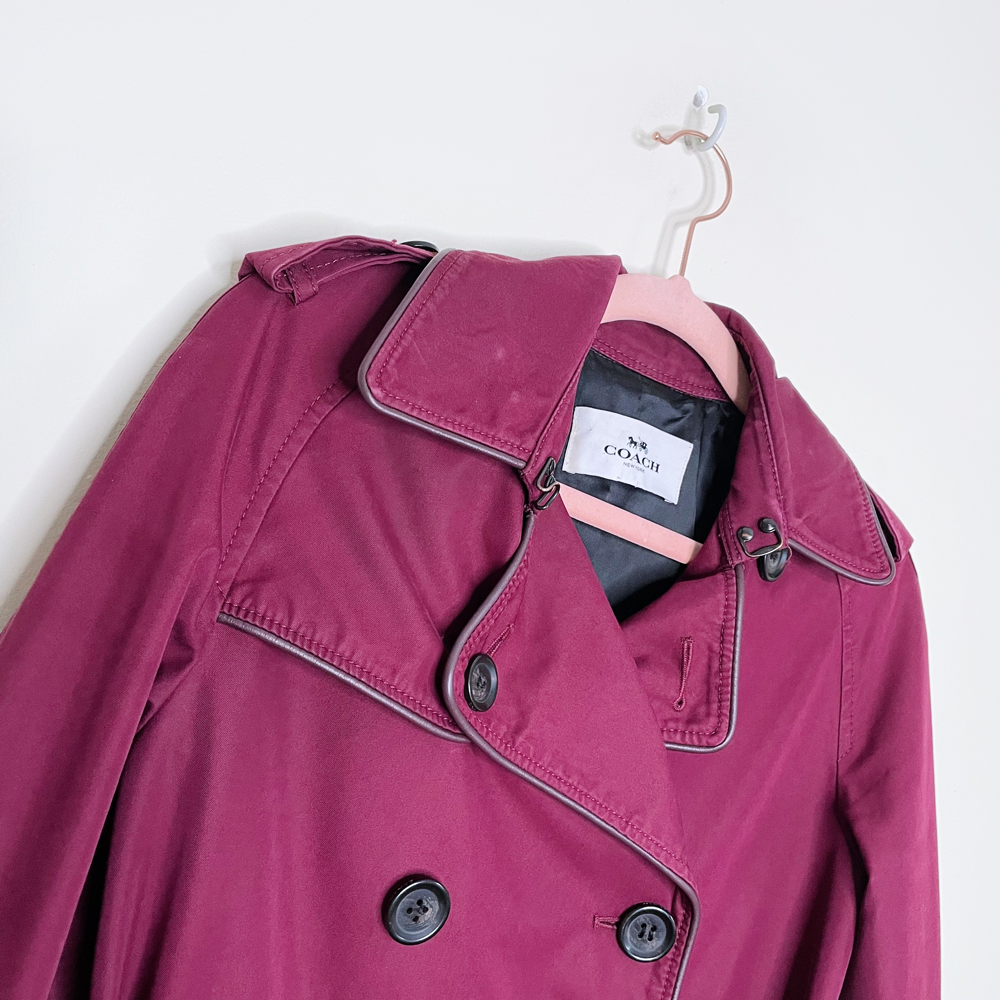 coach maroon mid-length cotton trench coat - size xs