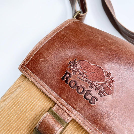 vintage 00's roots chunky cord bag with leather trim