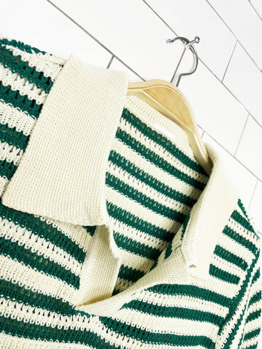 crochet knit green stripe resort polo - good market thrift store