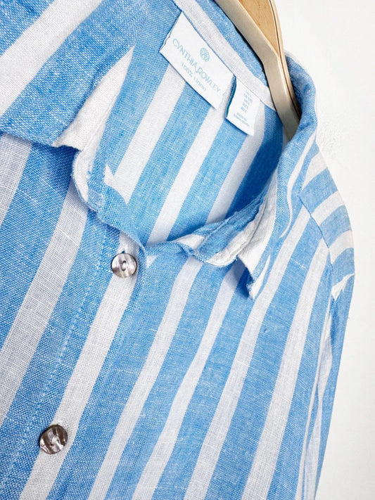 cynthia rowley 100% linen boxy cropped blue stripe full button shirt - good market thrift store