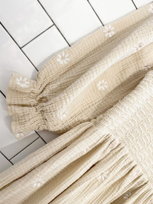 daisy smocked gauze cotton tiered puff sleeve midi dress - good market thrift store