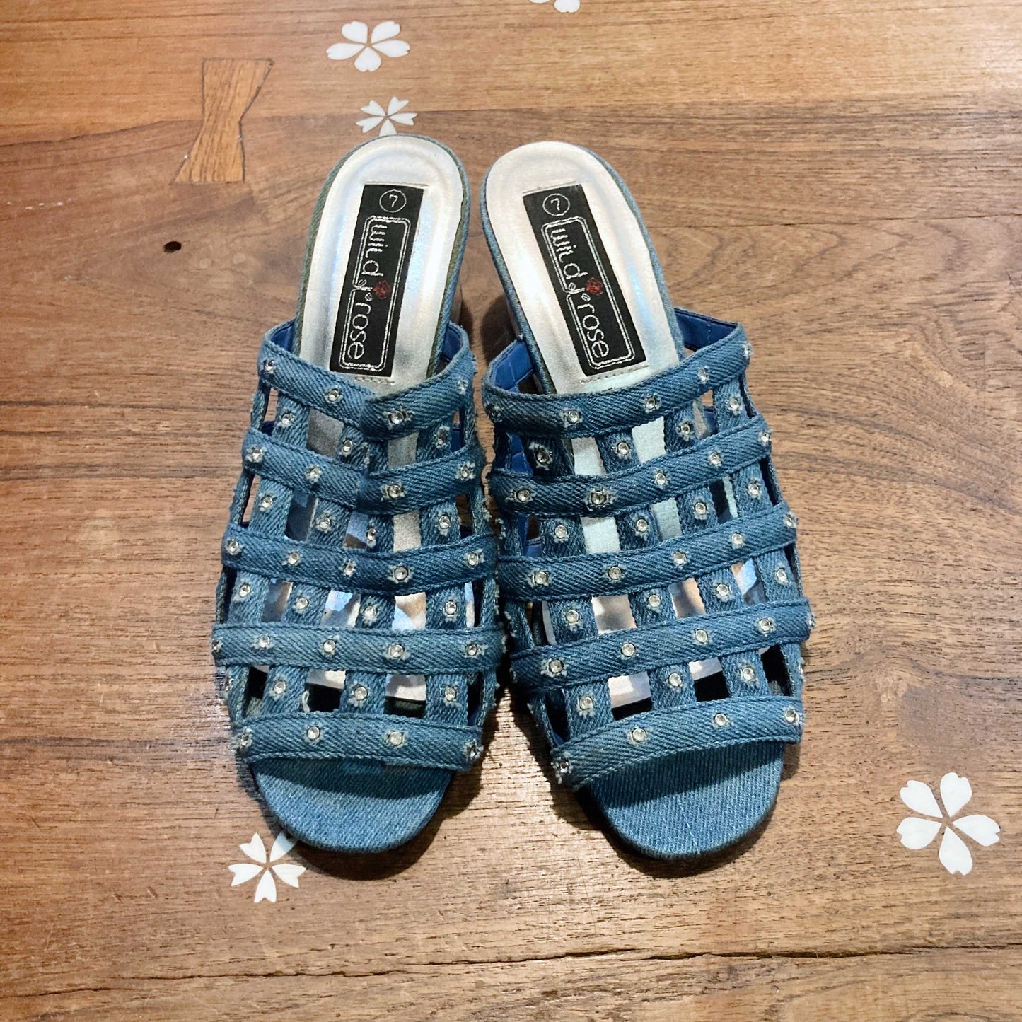 y2k wild rose denim mesh lucite wedge heels - size 7