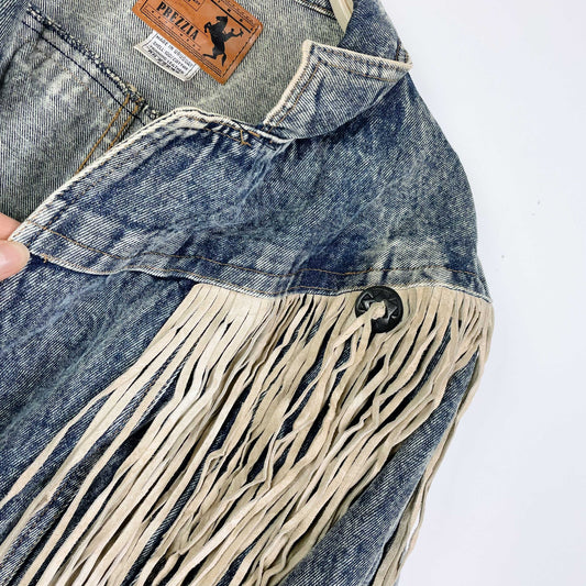vintage 80s prezzia suede fringe denim jacket - size medium