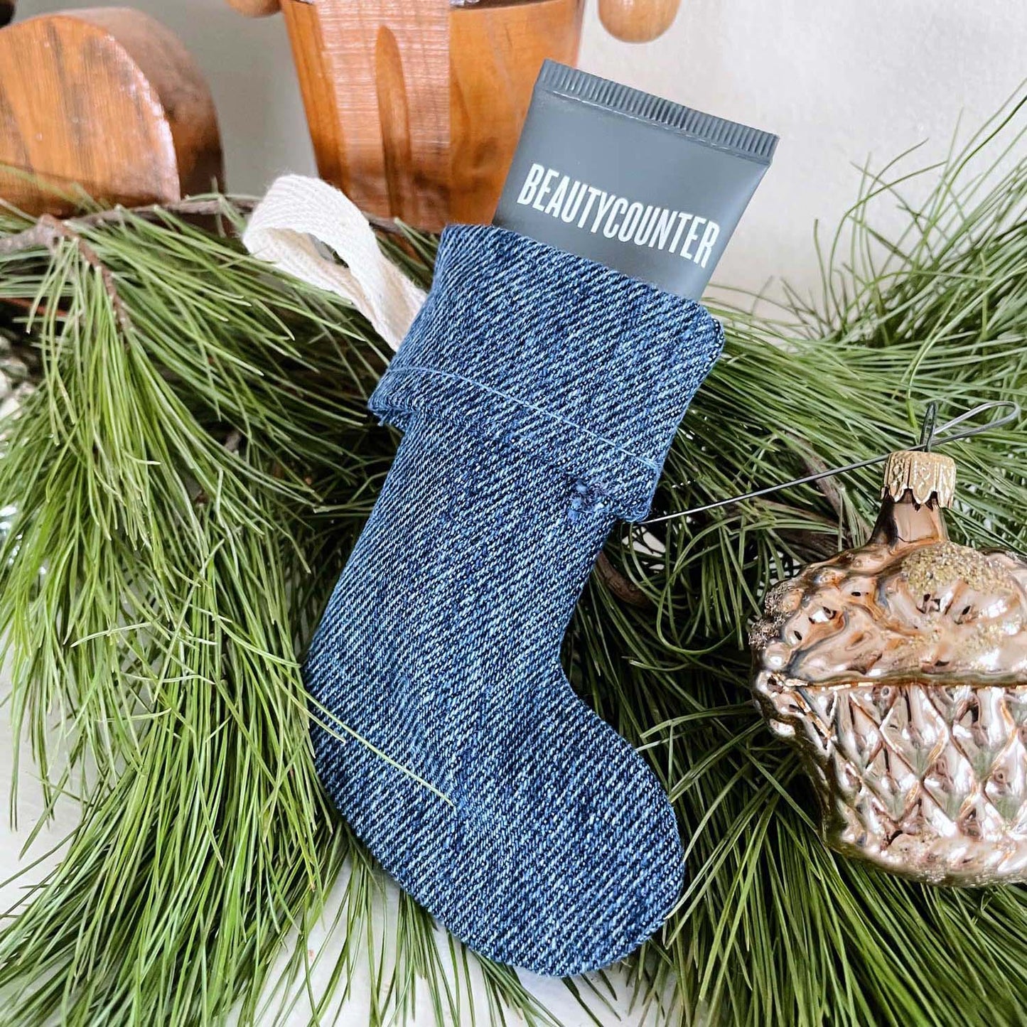 handmade mini denim stocking ornament