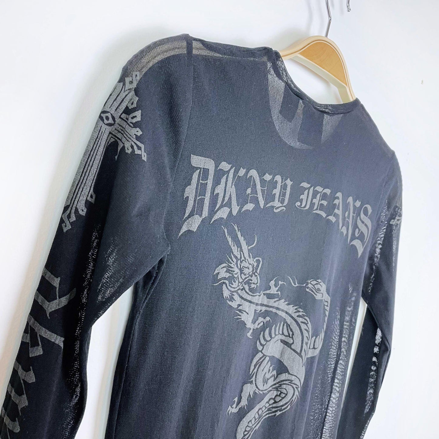y2k dkny sheer mesh dragon long sleeve dress - one size