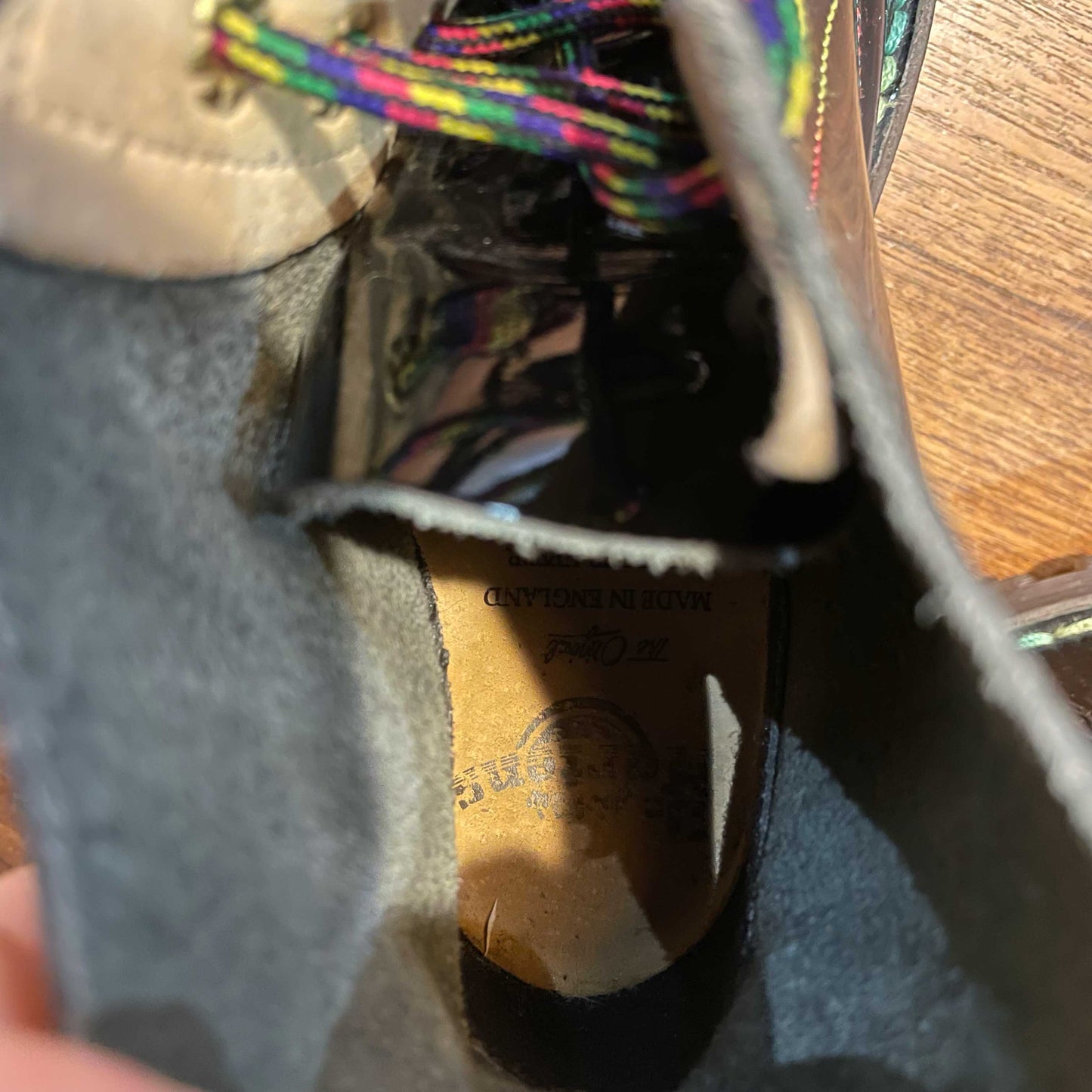 doc martens black patent rainbow stitch boots - size 1