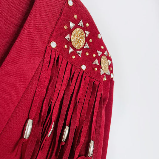 vintage 80s just for fun embellished fringe knit button maxi dress