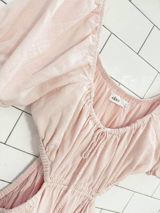 elodie linen - blend puff sleeve front tie open sides mini dress | revolve - good market thrift store