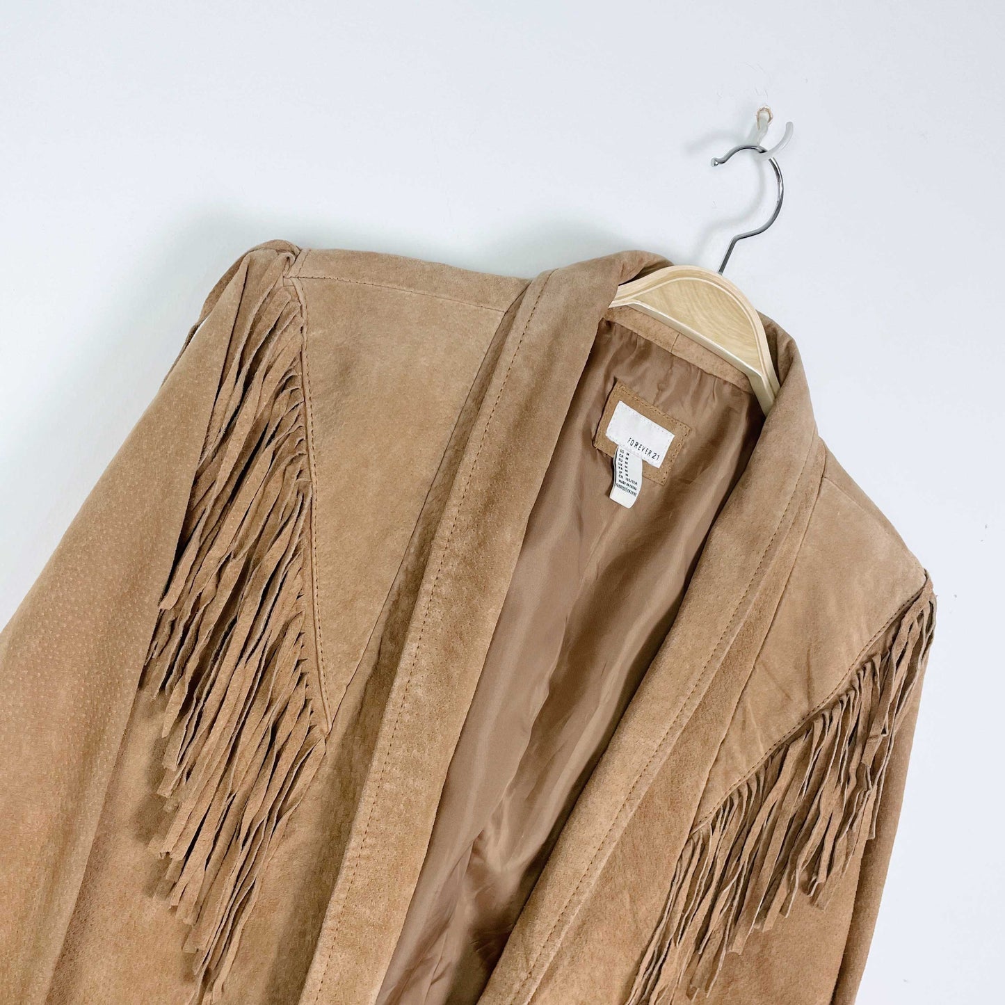 forever 21 tan open suede fringe ranch jacket - size medium