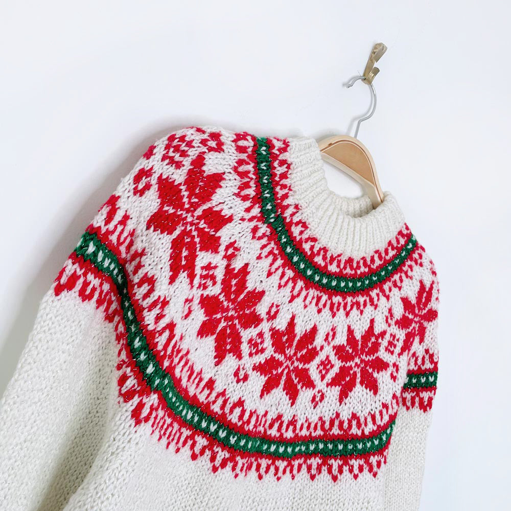 vintage hand-knit fair isle snowflake metallic crew