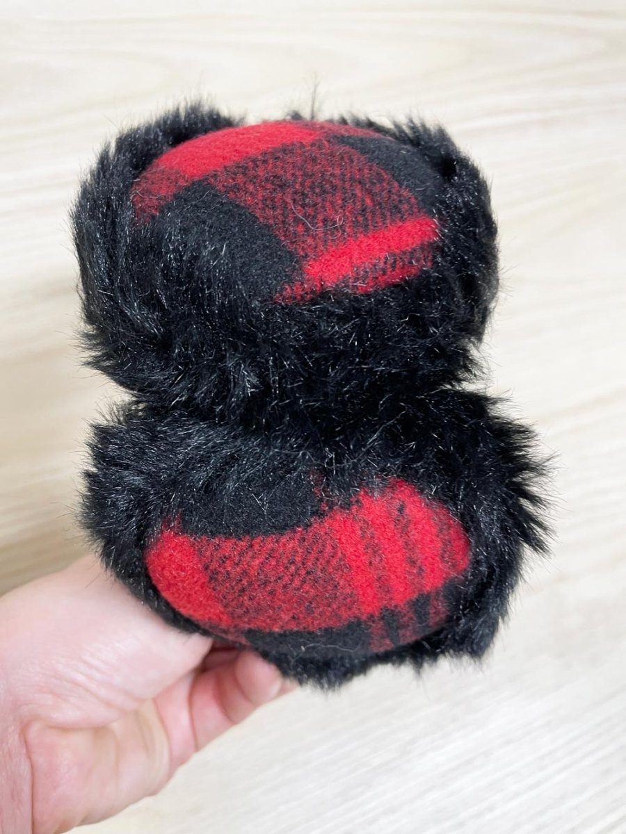faux fur red tartan ear muffs - good market thrift store