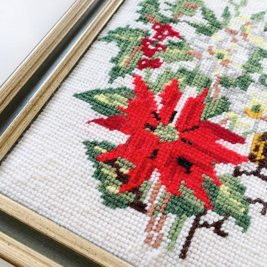vintage 70s framed cross stitch poinsettia