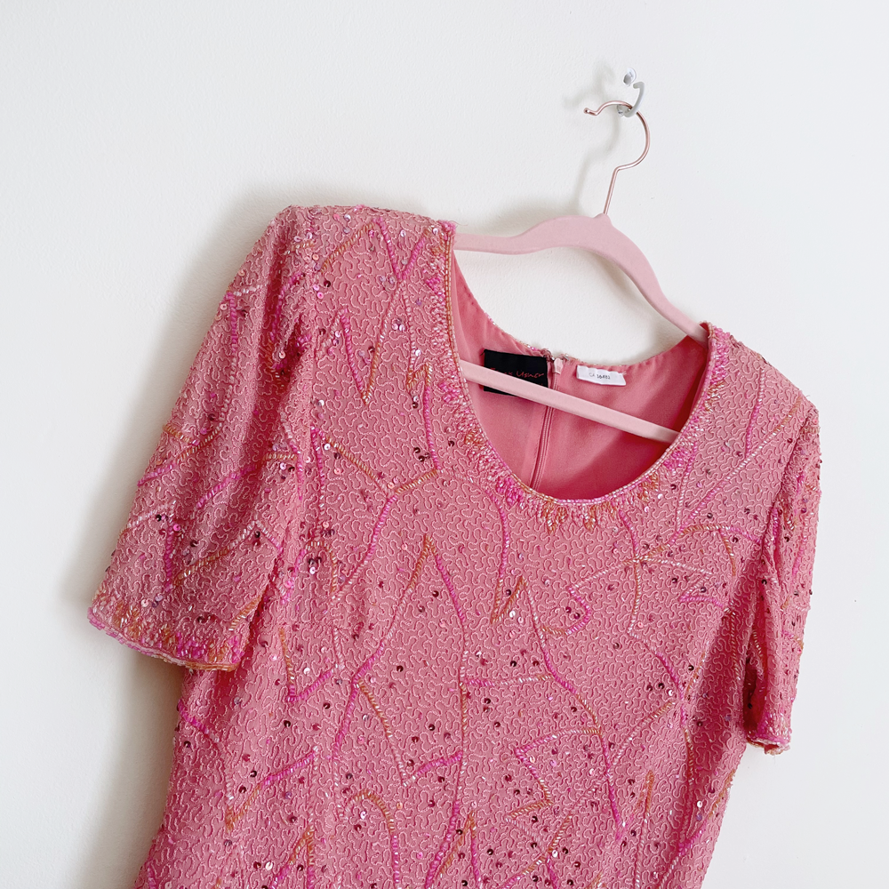 vintage frank usher pink sequin tee - size 14UK