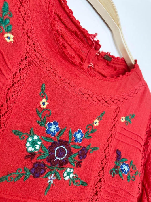 free people amy red boho floral embroidered top - good market thrift store